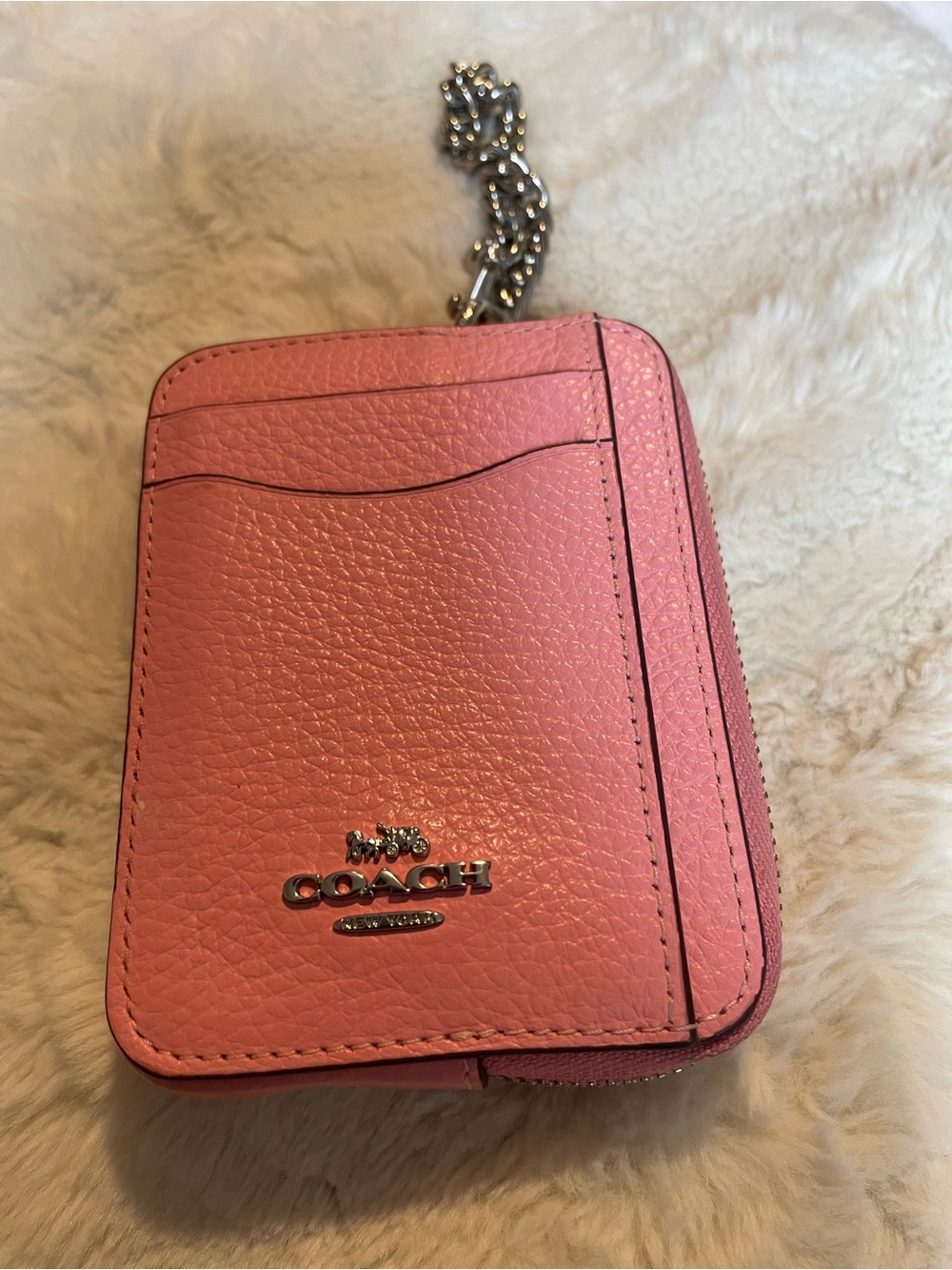 Coach Pink Pebbled Leather Card Case with Silver Chain